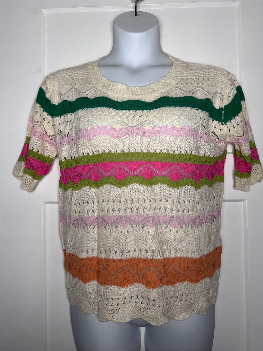 So Me Cream Eyelet Knit Sweater with Green, Pink, Fuchsia & Orange Stripes